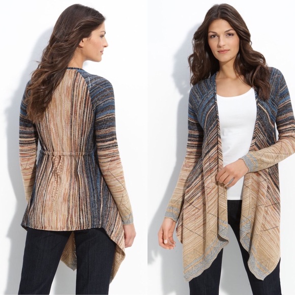 NIC+ZOE Harvest Open Front Drape Cardigan striped Med Gold Blue - Picture 1 of 6